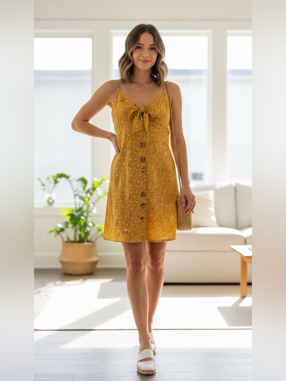 MINE Small‎ Gold Floral Print Button Front Mini Dress